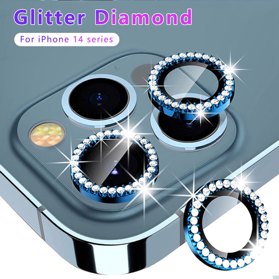 For iPhone 14 13 12 11 Pro Max mini / 14 Plus Diamond Glitter Camera Lens Protector Ring Tempered Glass