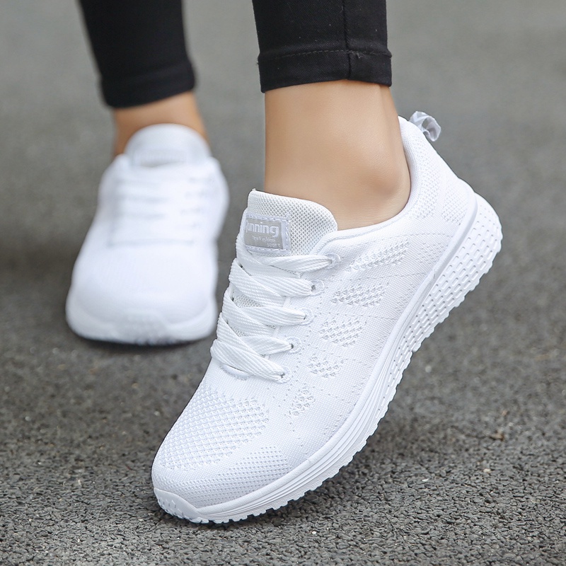 Ready Stock Women's White Sports Shoes Lace Up Sneakers Lightweight Running Shoes
