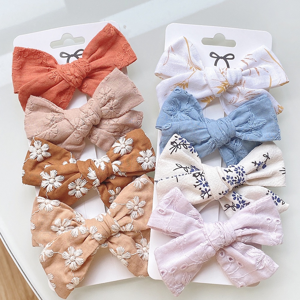 4Pcs/Set Floral Embroidery Bowknot Hair Clip For Girls Spring Summer New Printing Bows Hairpins Kids Headwear Hair Accessories