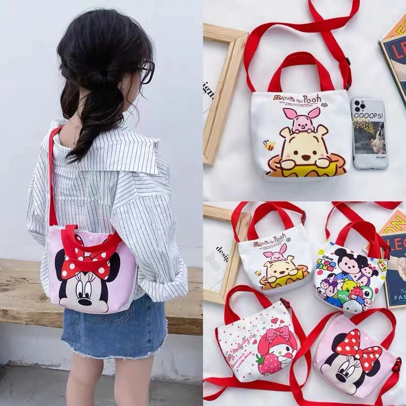 (Wholesale Price) Cute Cartoon Printed Small Crossbody Bag Girl ins Canvas Handbag Casual Children's Bear Bunny Sesame Street One-Shoulder Gift Souvenir