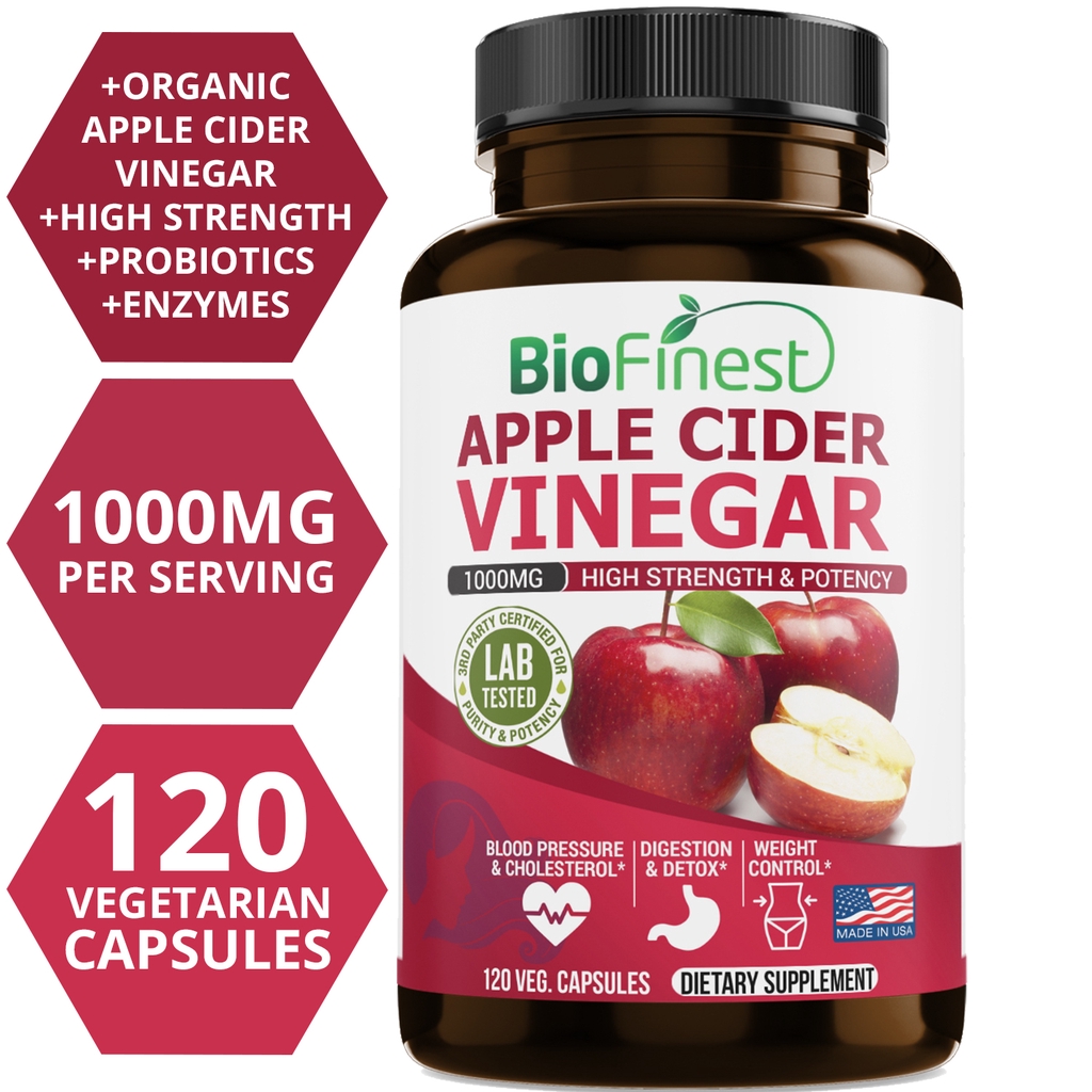 Biofinest Apple Cider Vinegar ACV 1000mg Supplement - Organic Weight Loss Detox Blood Pressure Cholesterol Pill(120caps)