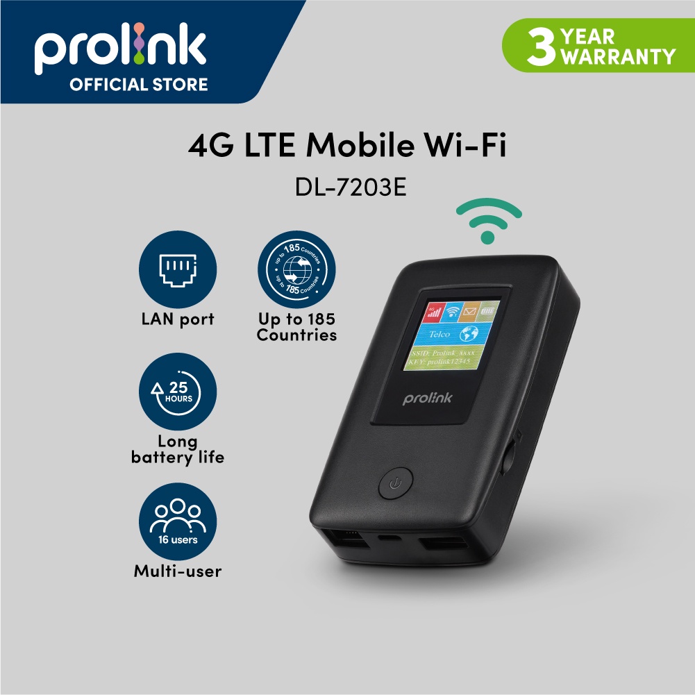 [Upto 25 hrs long] Prolink DL-7203E 4G LTE Mobile Wi-Fi w SIM slot (300Mbps WiFi Speed) Power bank/ MiFi/ 185 countries