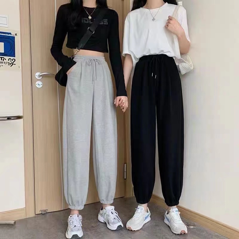 Women Korean Casual Joggers Pants High Waist Slim Sweatpants Plus Size Plain