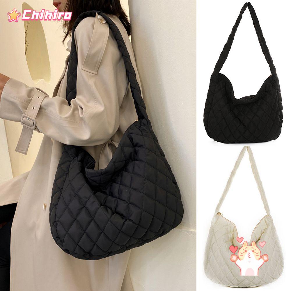 CHIHIRO Warm Puffy Winter Quilted Tote Plaid Shoulder Bags Women Lightweight Large Capacity Cotton Padded Underarm Bags
