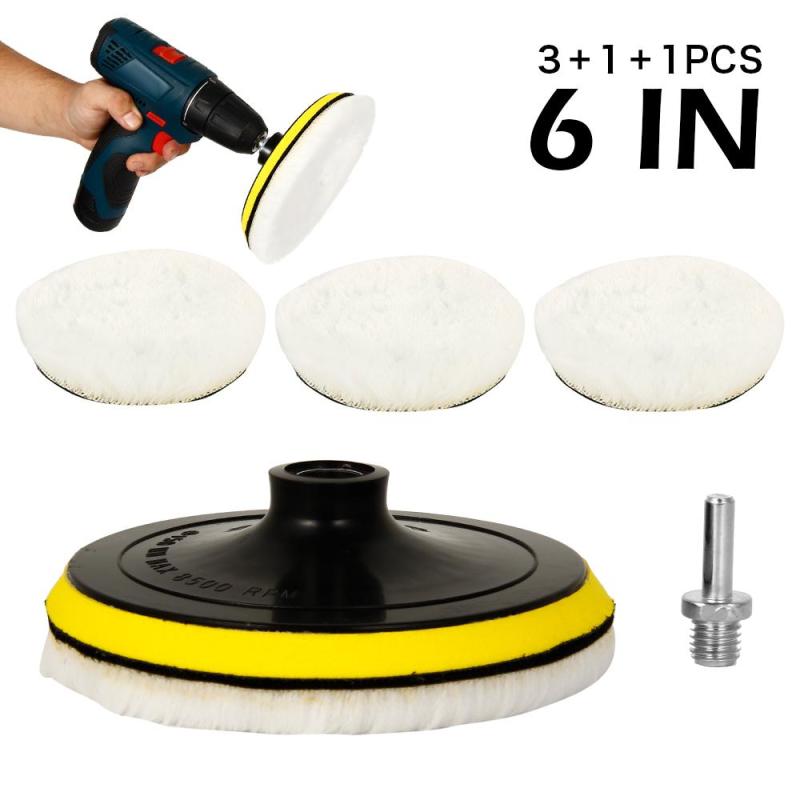 5pcs 6inch Buffing Polishing Pads Wool Polisher Drill Wheel Mop Kit for Car （3x wool polishing pads； 1x sticky disc； 1x rod）
