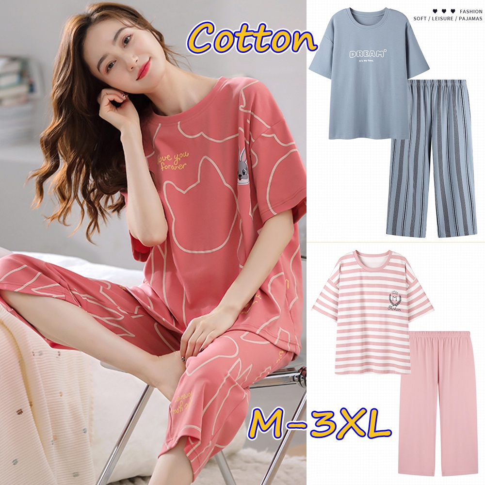 Plus Size Sleepwear 3/4 Length Pyjamas Women M-3XL Cotton Short Sleeve Pajamas Set Popular Plaid Stripe Printing Homewear