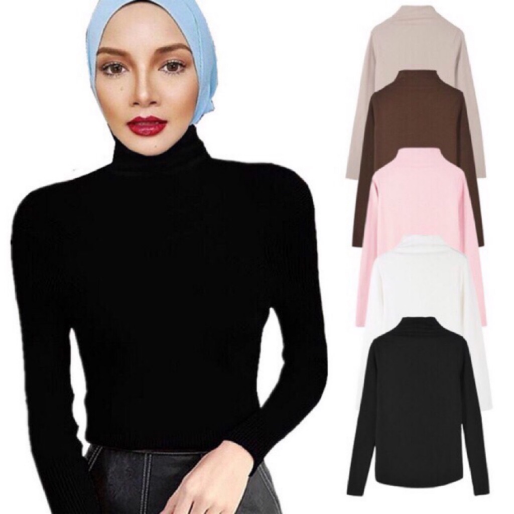 Muslimah Turtleneck Inner Baju Blouse High Neck Muslim Tops Women T-shirt Long Sleeve