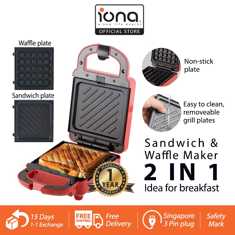 IONA Mini Sandwich Waffle Maker 2 In 1 Machine Bread Toaster Wafer Waffles Sandwhich Maker - GLSM988