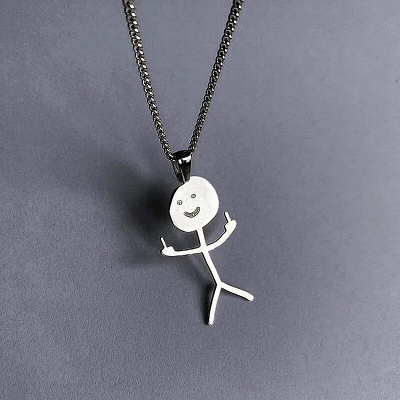 2022 New Trend Hip Hop Fxck You Doodle Necklace For Men Women Titanium Steel Middle Finger Stickman Pendant Party Gift Jewelry