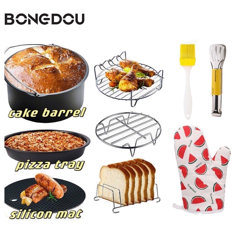 BONGDOU 7inch/8inch 9-in-1 Set Universal Air Fryer Accessories Skewer Rack Rusell BBQ Grill Pizza Tray Baking Barrel Pot