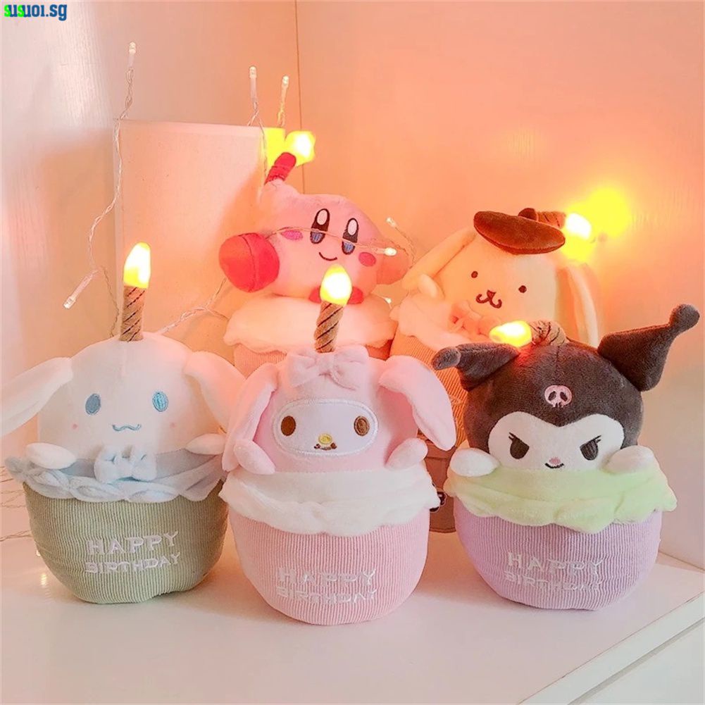 Sanrio Toy Happy Birthday Plush Cake Toy Melody / Cinnamoroll / Kuromi / Kirby / Purin With Glow Candle Birthday Decoration Props Singing Musical Plush Toy For Kids Gift