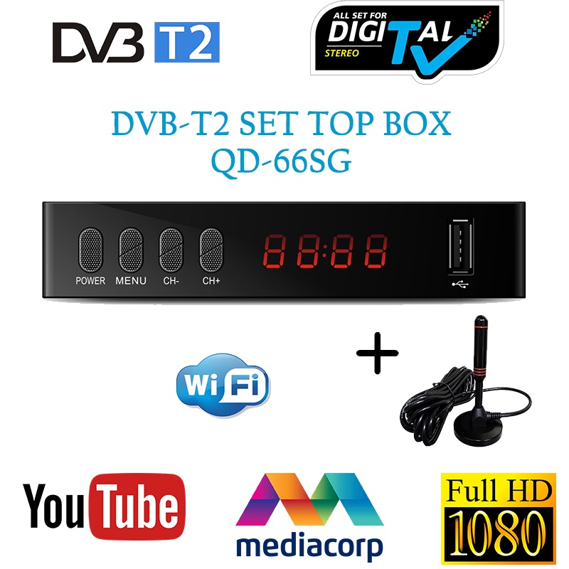 Digital TV Active Antenna & DVB-T2 Set Top Box with Free 1 meter HDMI cable Local Warranty