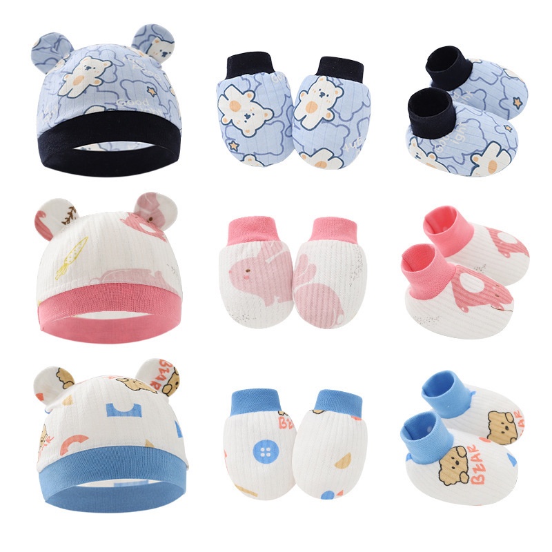 2022 3pcs/Set Newborn Baby & Kids Accessories Infant  Mittens + Cap + Booties Cotton Cute Cartoon