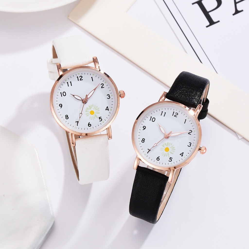 Korean Fashion Simple Leather Belt Ladies Quartz Watch/   Cute Creative Luminous Student Watch / Elegant Casual Sports Vintage Women Watch / High Quality Daisy Flower Dial Quartz Wristwatches Female B