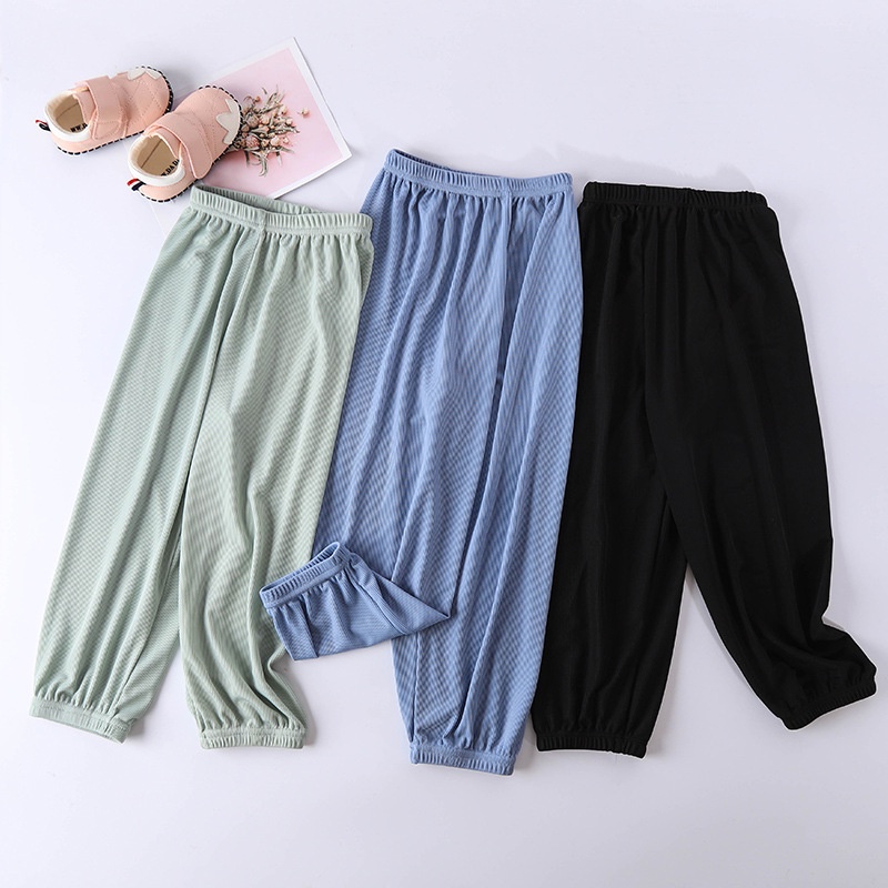 [ZY] 90-170CM Children's Threaded Ice Silk Trousers Solid Color Casual Pants Sports Leggings Anti-Mosquito Baby Loose Bloomers Home Pajamas Ready Stock