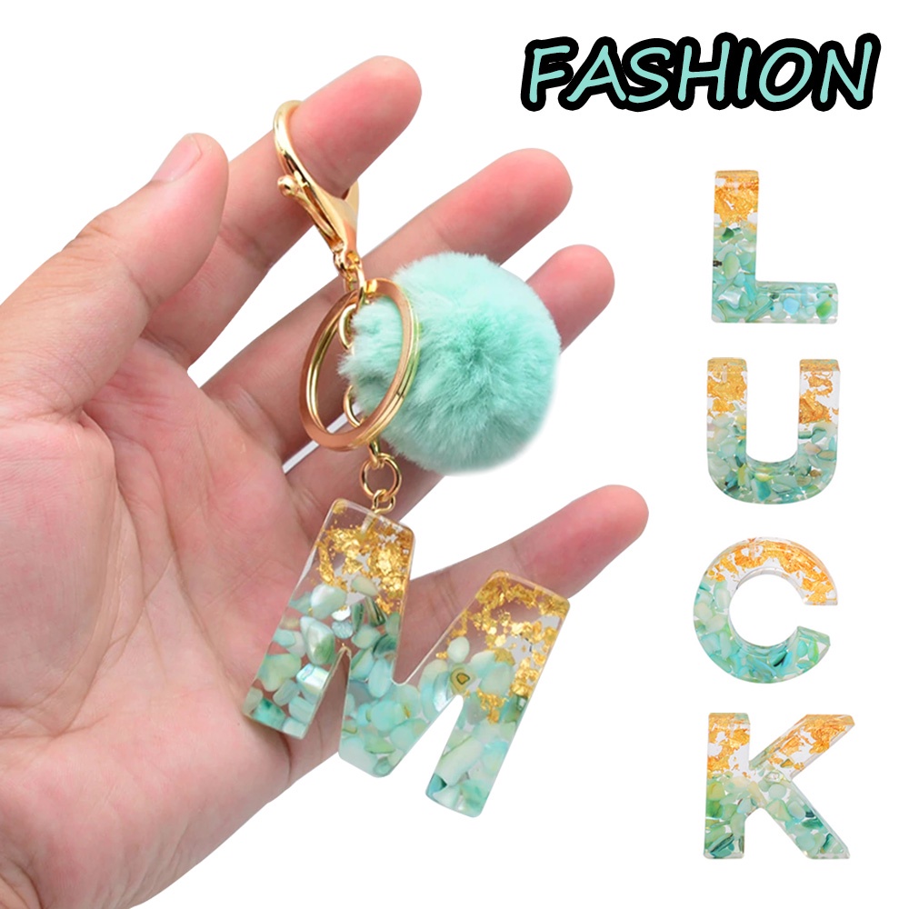 Fashion Gold Foil Filled 26 Initials Letter Keychain With Green Fluffy Pompom Women Girls Glitter Gradient Acrylic Alphabet Keyring Charms