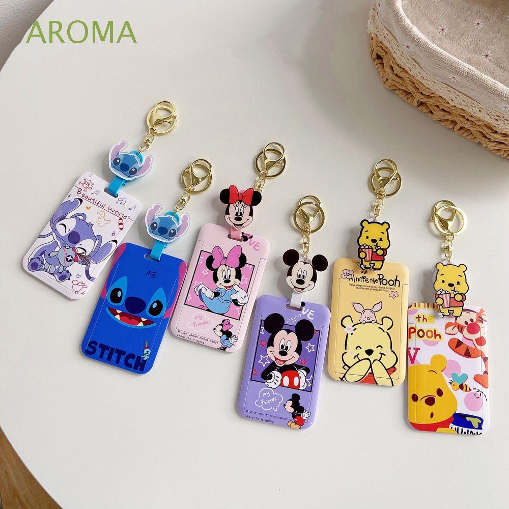 AROMA Student Card Case Portable Retractable Buckle Cartoon Card Holder Stitch Minnie Duck Bus Card Cover Girls Pooh Bear Key Chain