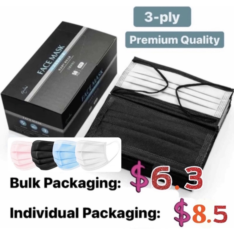 [Heyin] 3-Ply Bulk/Individual Disposable Black/Blue/White/Pink Mask for Adults/Kids