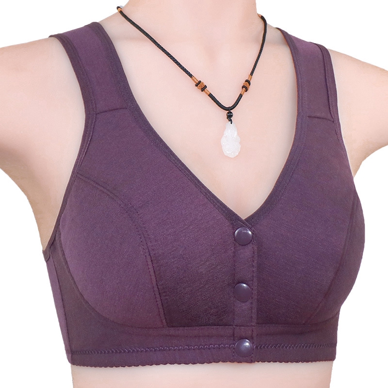 New Smooth Front Button Underwear Women's Cotton Vest Type Middle-aged and Old Bra Large Size Steel Ring Free Underwear Women