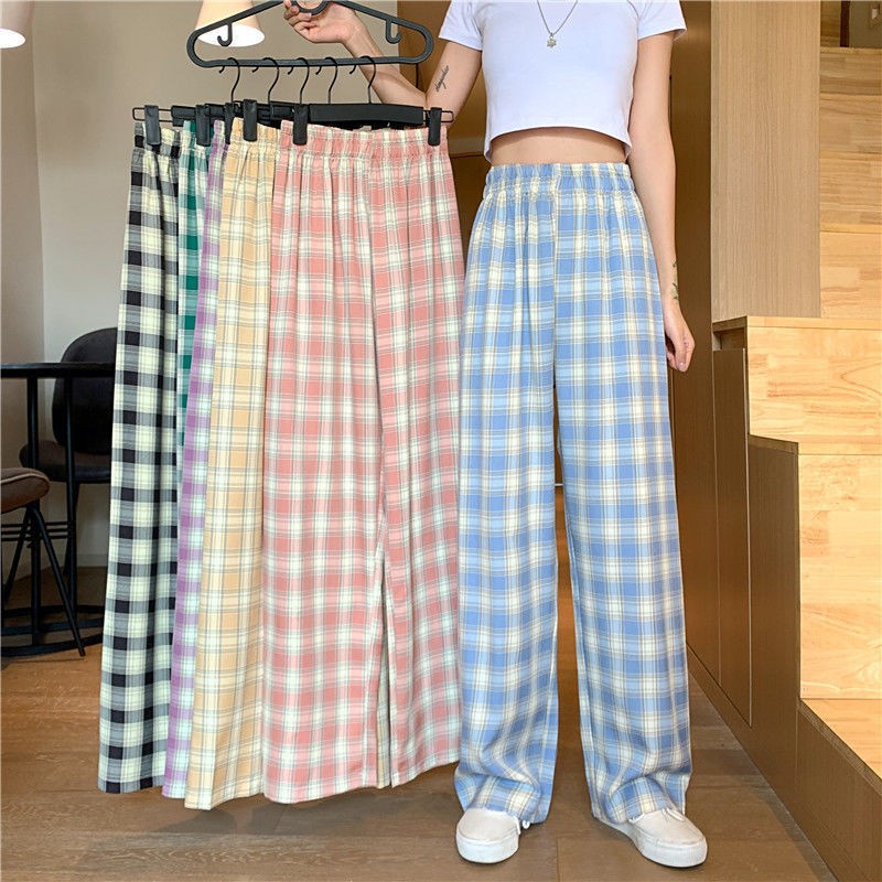 Women Plaid Pants Fashion Wide Leg Pants Ins Harajuku Casual Loose High Waist Straight Trousers
