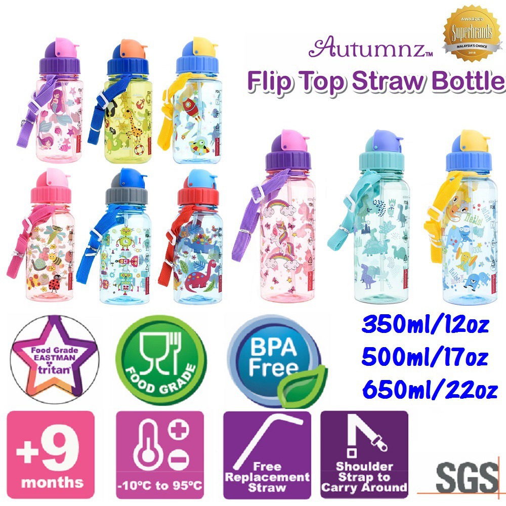 Autumnz Eastman Tritan Flip Top Children Straw Bottle (300ml / 500ml / 650ml) 9m+ BPA FREE - SUPERBRAND AWARD
