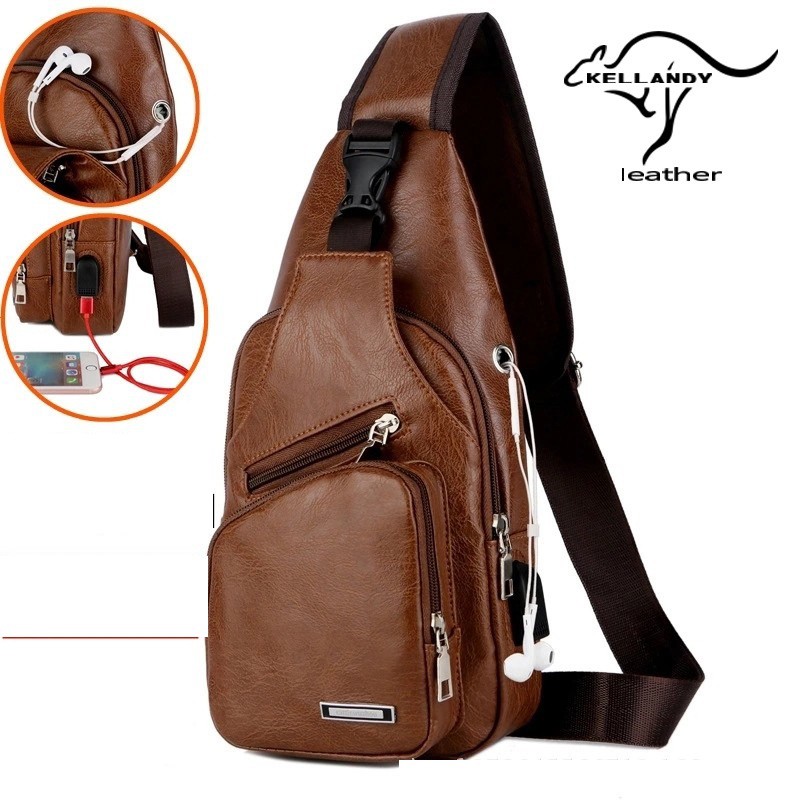 Men Fashion Waist Bag Casual Leather Shoulder Bag with earphone hole USB #524