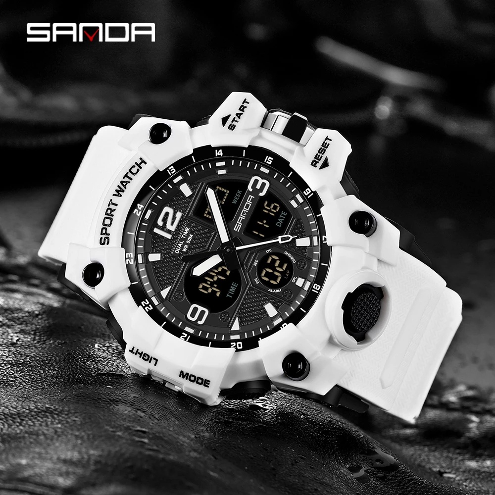 SANDA Men Military Watches White Sport Style Watch LED Digital 50M Waterproof Watch Male Clock Relogio Masculino
