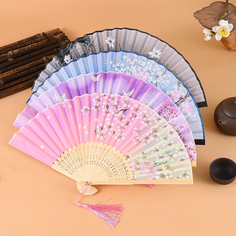 Chinese Style Bamboo Folding Fan Manufacturers Craft Gifts Hand Held Flower Fan Hanfu Dance Fan Silk Fan Smile Female Fan