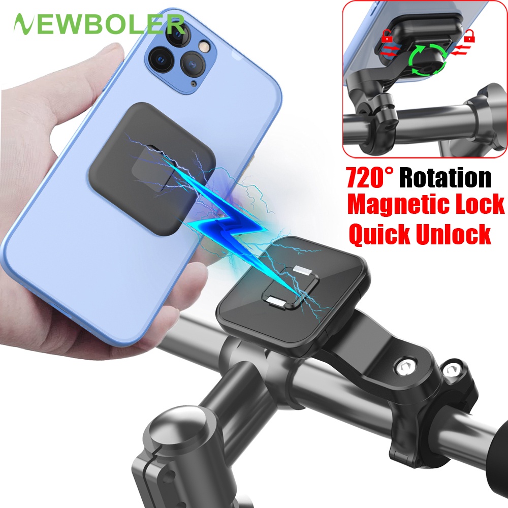 Newboler Magnetic Motorcycle Bicycle Phone Holder 3M Tape Universal Quick Mount Bike Mobile Phone Stand 360° Rotation Cycling Handphone Holder