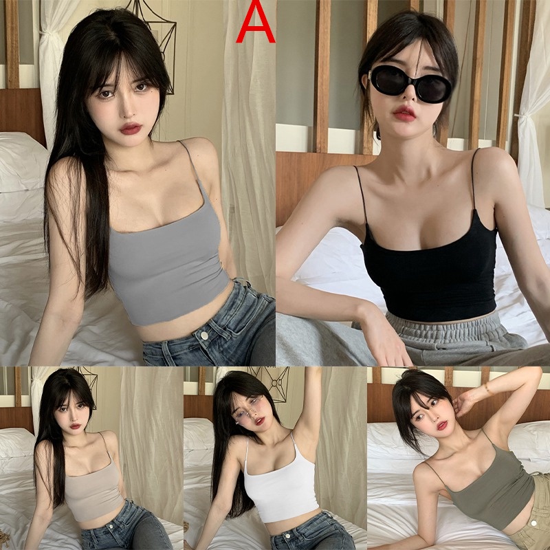 sleeveless top Women Ice Silk Solid Color Chest Pad Camisole  Korean  Tank Top