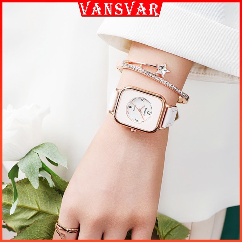 【Watch+Bracelet】Watch Bracelet 2Pcs Set Women Fashion Rectangle Leather Strap Watch