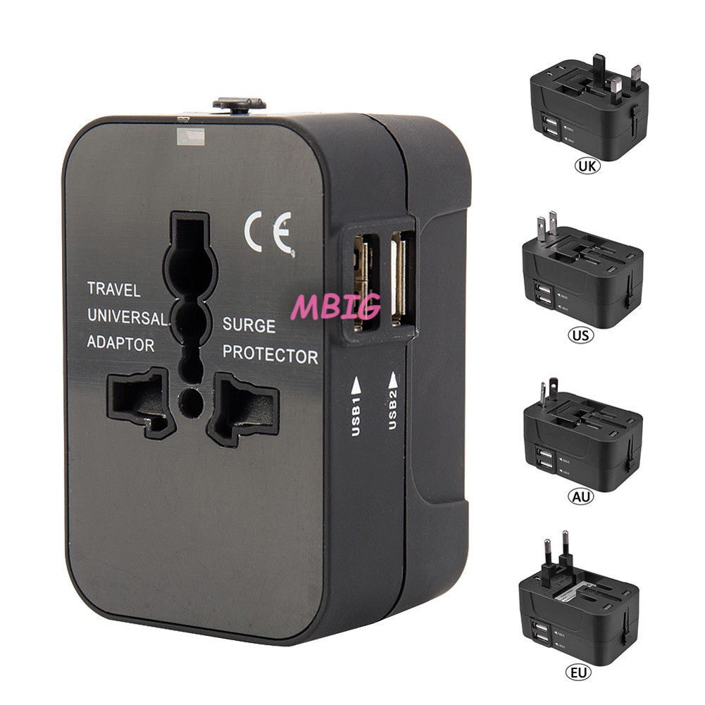 MG World Wide Universal Travel Adapter US/EU/UK/AU Multi Plug Charger With Dual USB 2 Ports @sg