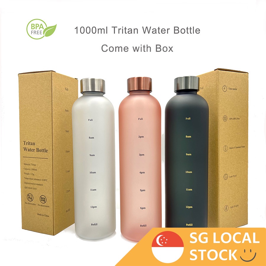 1000ML Tritan Water Bottle with Time Marker, BPA Free & Leakproof Fitness Sport 1L Water Bottle
