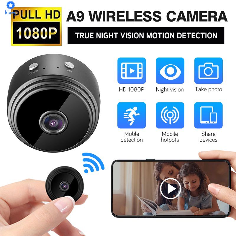 A9 Mini Camera Cctv Cam App Wireless Wifi Ip Network Monitor Security Camera Night Vision Hd 1080p Home Security Recording Angle 360 Degrees 【bluey】