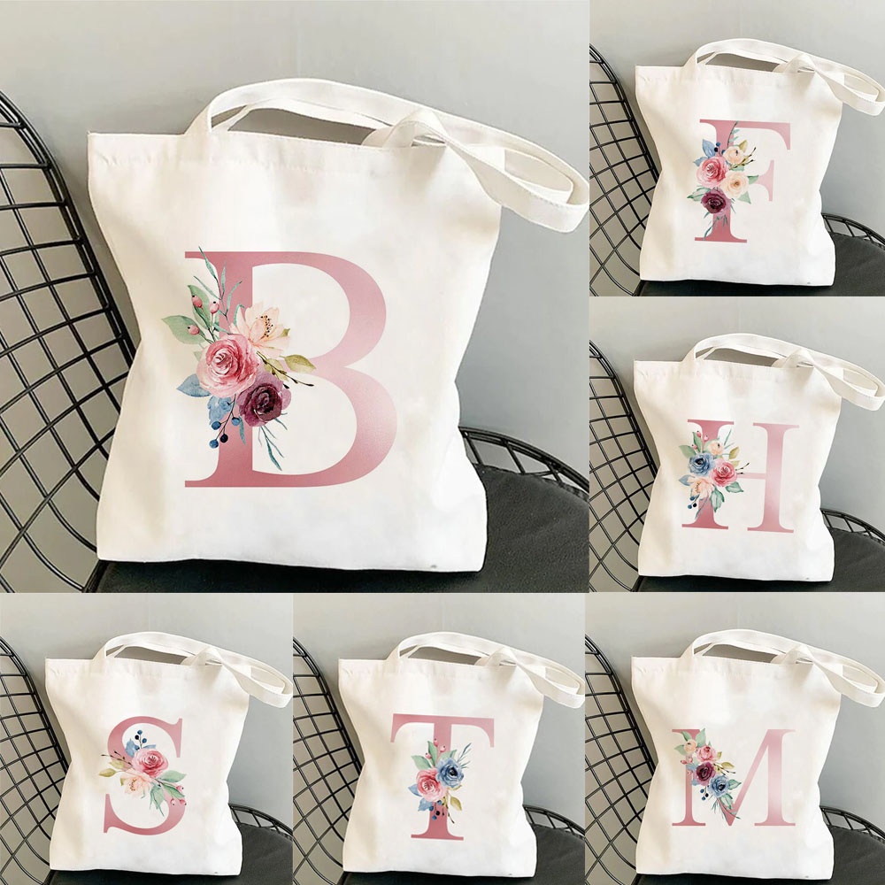 Flowers Alphabet A-Z Women Shopping Tote Bags Canvas Large Capacity Student Casual Tote Letter Bags Gift