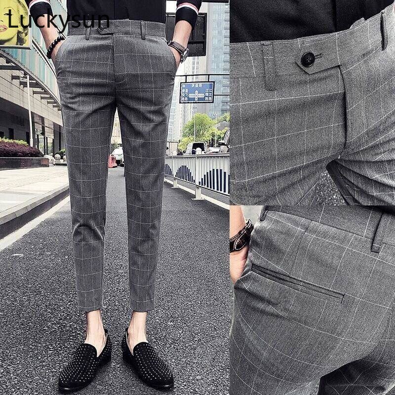 [Ready Stock] Checkered Pants Men Korean Regular Cut Pants Comfortable Office Cropped Trousers Kurta