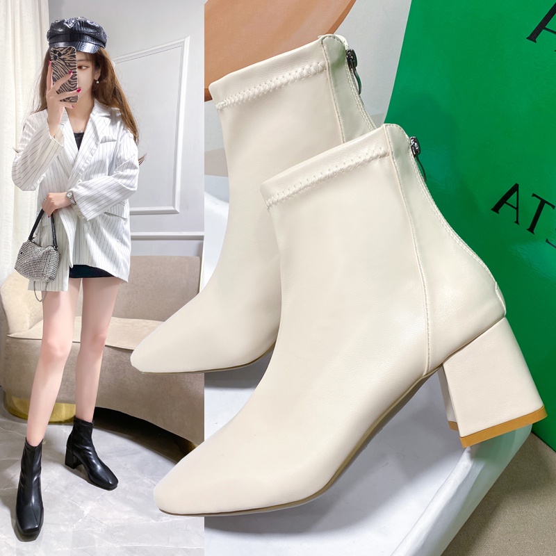 Women's Ankle Boots Korean Style Solid Color Square Toe Zipper Thick Heel Martin Boots
