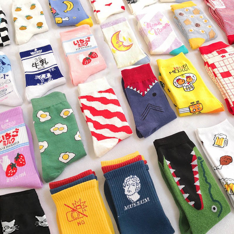 High Quality Fashion Harajuku Kawaii Happy Socks Women milk Food painting Strawberry Animal Print Funny Socks Cute Socks
