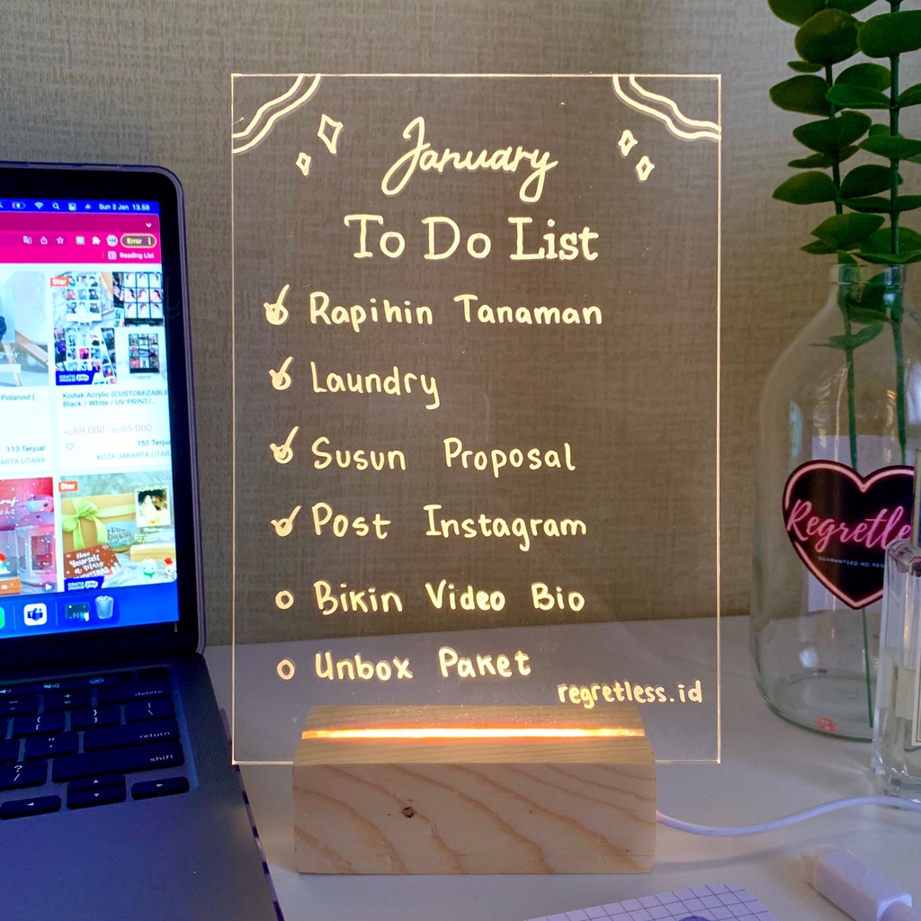 Acrylic NOTE BOARD MESSAGE WITH LED STAND | Board PLANNER SCHEDULE | To DO LIST ACRYLIC | Acrylic PLANNER | Board HOME OFFICE TABLE DECOR | Free Markers | Regretless.id