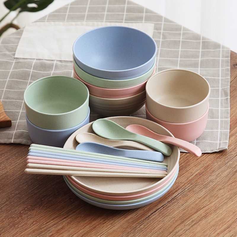全套餐具Nordic Wheat Straw Dinnerware Set Chopsticks Spoon Cup Plate Rice Bowl Anti-fall BPA Free Colorful Tableware Set 碗 盤子 碟子 勺子 筷子 杯子 餐具
