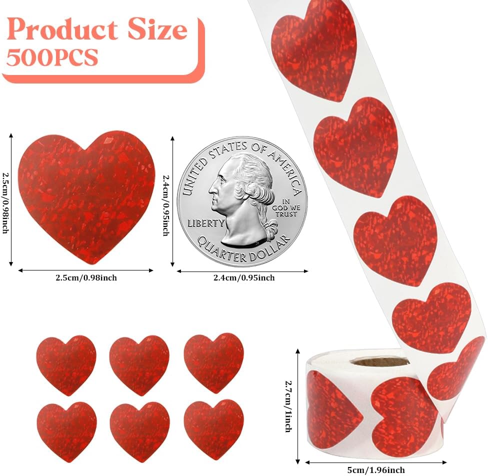 500pcs 1" Red Heart Stickers Roll - Self-Adhesive Love Decorative Labels for Wedding, Valentine's Day, Classroom Supplies