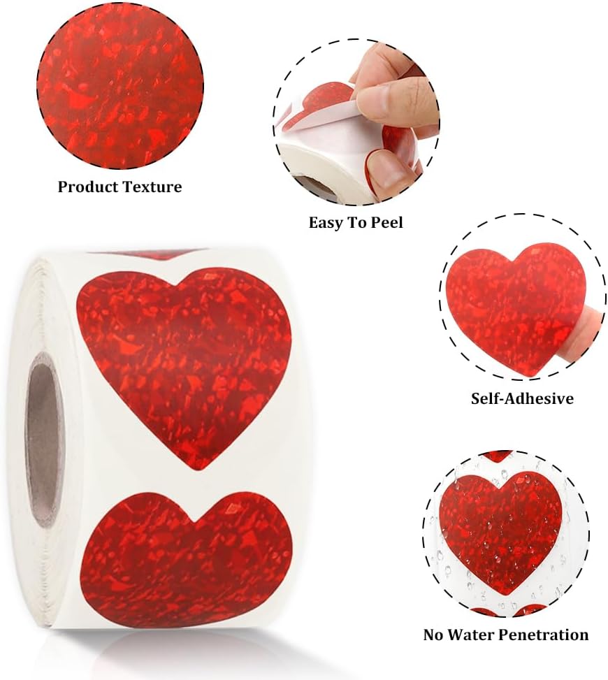 500pcs 1" Red Heart Stickers Roll - Self-Adhesive Love Decorative Labels for Wedding, Valentine's Day, Classroom Supplies