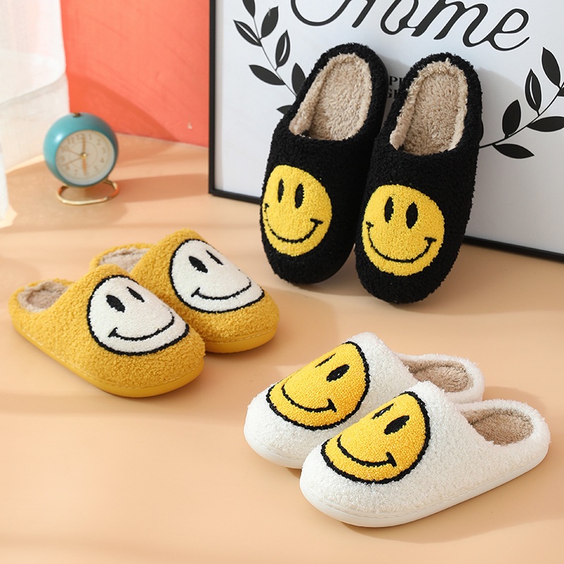 Cute Smiley Face Slippers Home Couple Plush Slippers Winter Warm Bedroom Plush Cotton Shoes
