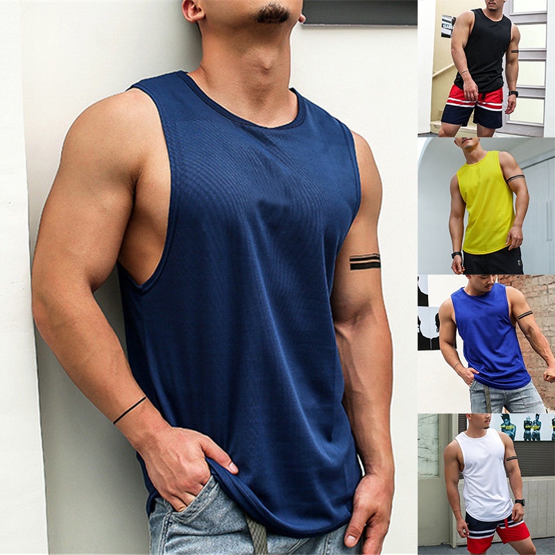 M-4XL Men Plain Quick-drying Fitness Singlets Sleeveless Sports Training Tank Top