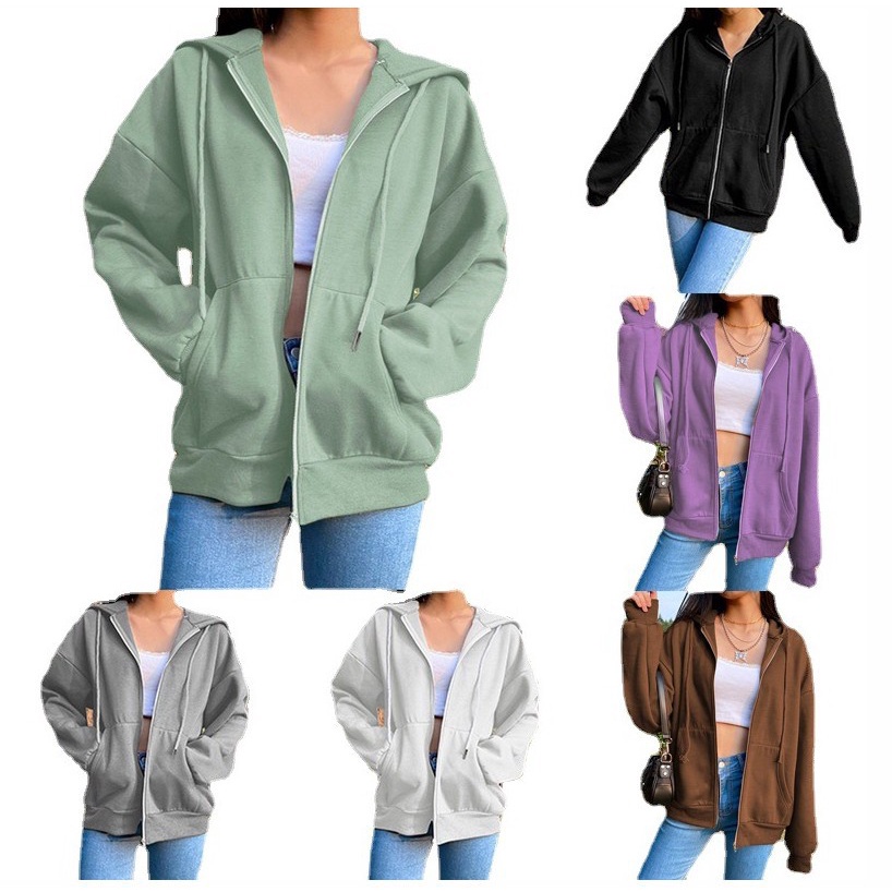 (Plus Size 40-90 kg.) Women's breathable loose-fitting zipper hoodie.