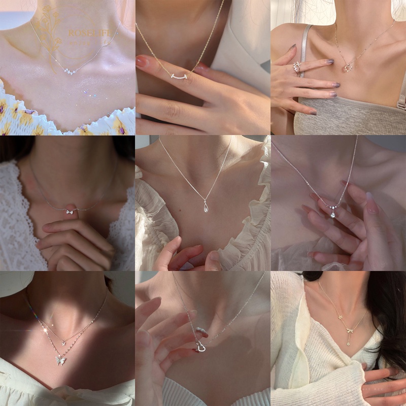 Roselife Korean Zirconia Heart Water Drop Leaves Wing Pendant Necklace for Women Shining Summer Chain Necklace Jewelry