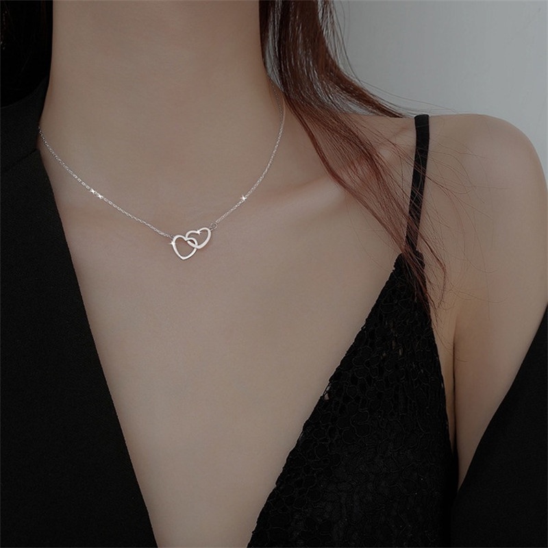 [ZOMI] 925 Sterling Silver Necklace Women Shiny Double Heart Love Heart Clavicle Chain Zircon Simple Friendship Necklace