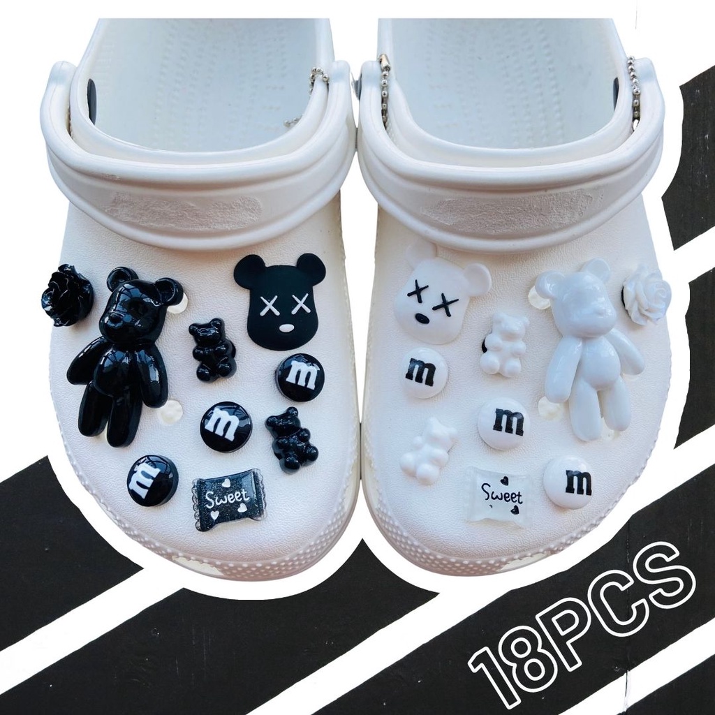 18PCS bearbrick KAWS croc jibz Charm Button Fashion Shoes Accessories#Black & white series