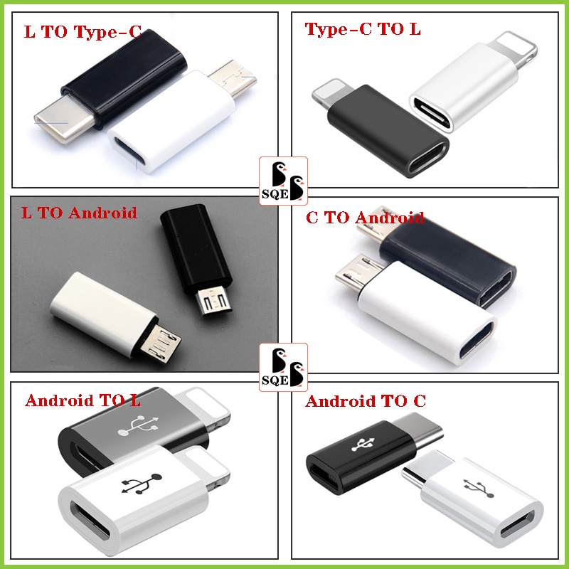 【12 ABS Styles】Type-C to Micro USB to Lightnig to Type C to Micro Adapter compatible for Android Converter Data Sync Charging Cable Connector