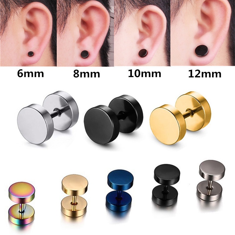 2pcs Men Woman Cool Round Stainless Steel Punk Dumbbell Ear Stud Earrings Piercing 3-12mm Black/Silver/ Gold/Blue/Rainbow